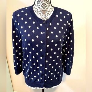 TALBOTS PETITES SZ XL NAVY POLKA DOT 3/4 SLEEVE BUTTON UP CARDIGAN SWEATER